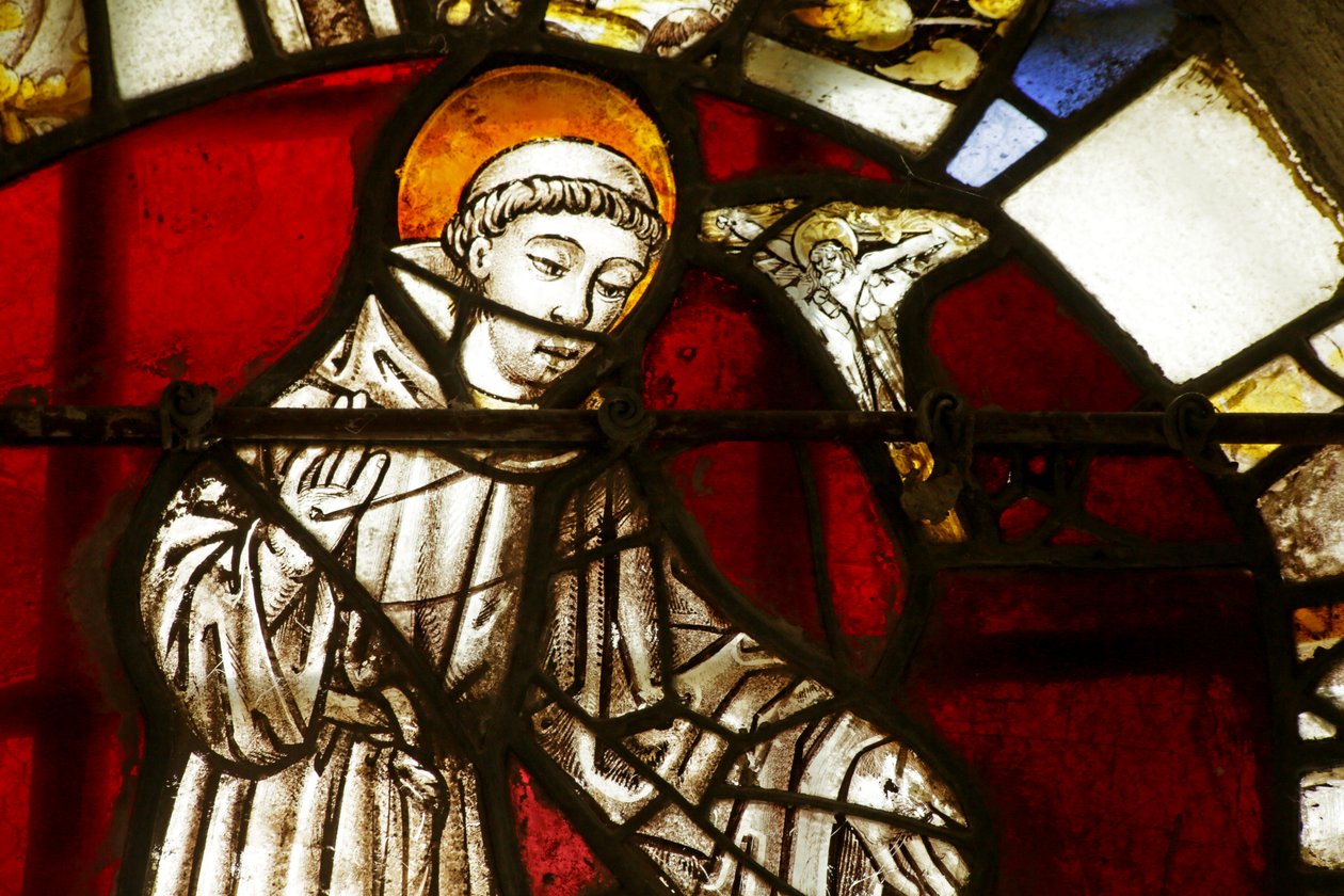 Raam met afbeelding van Sint-Franciscus als jonge monnik die een visioen van Christus heeft door French School