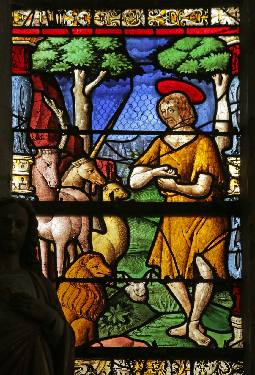 Raam met Sint Johannes de Doper in de woestijn door French School