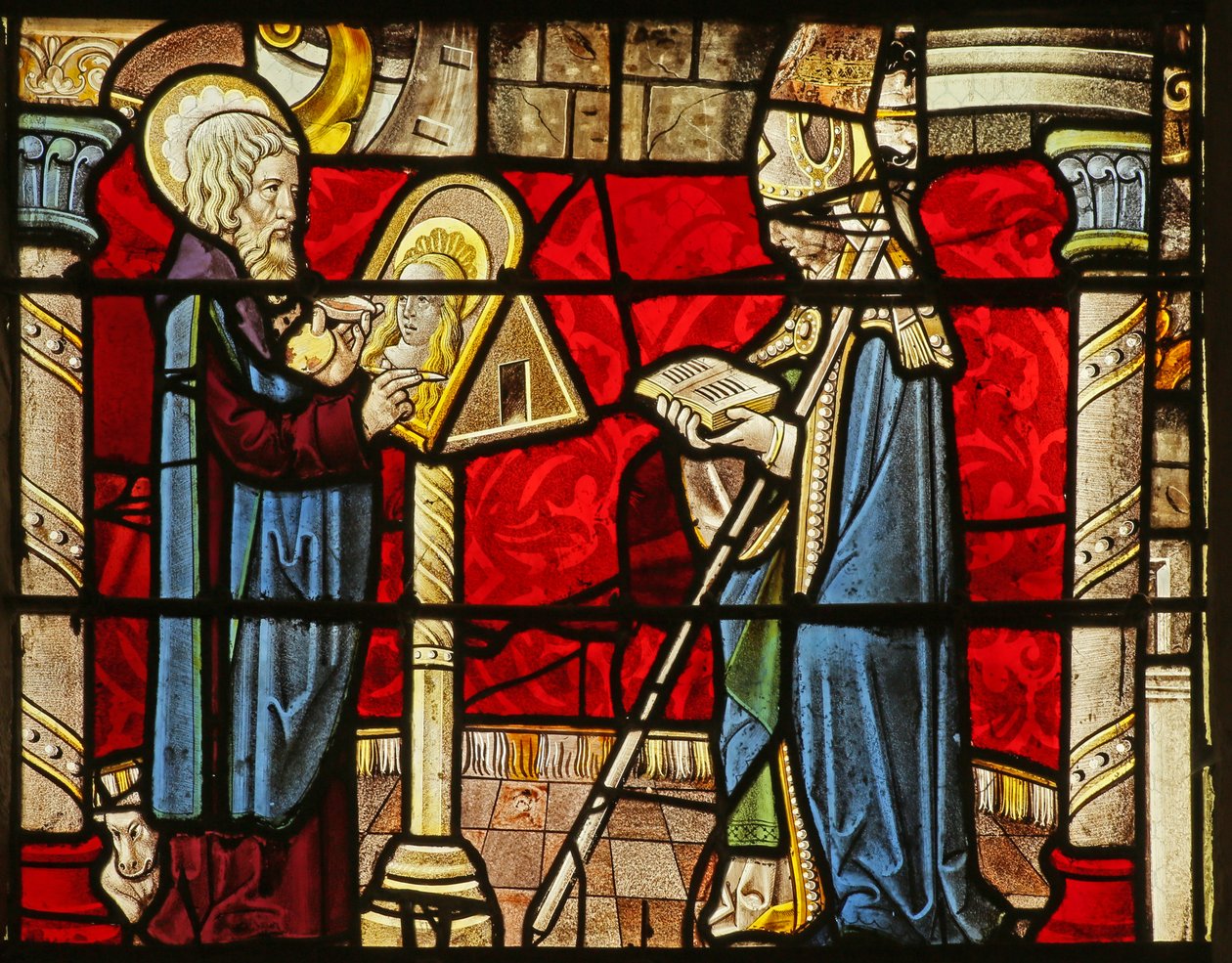 Raam met Sint Lucas die een portret van de Maagd Maria schildert door French School