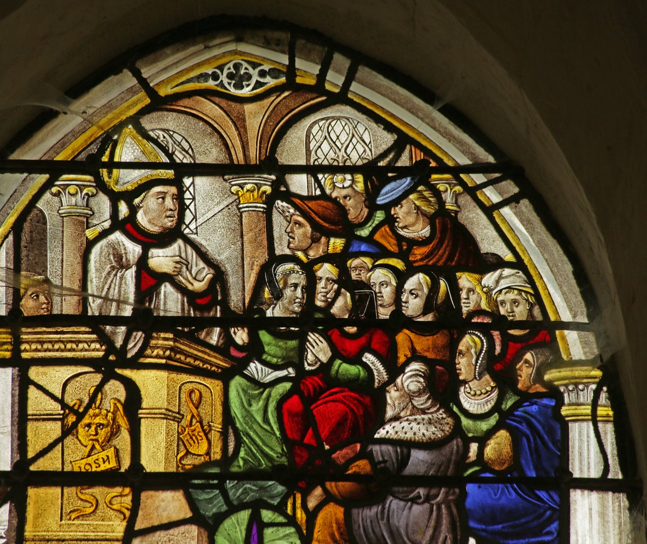 Raam met afbeelding van een scène uit het leven van Sint Claude: de heilige predikt door French School