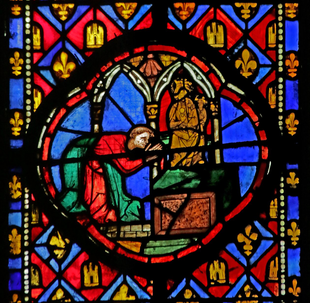 Raam met Theophilus voor een standbeeld van de Maagd Maria door French School