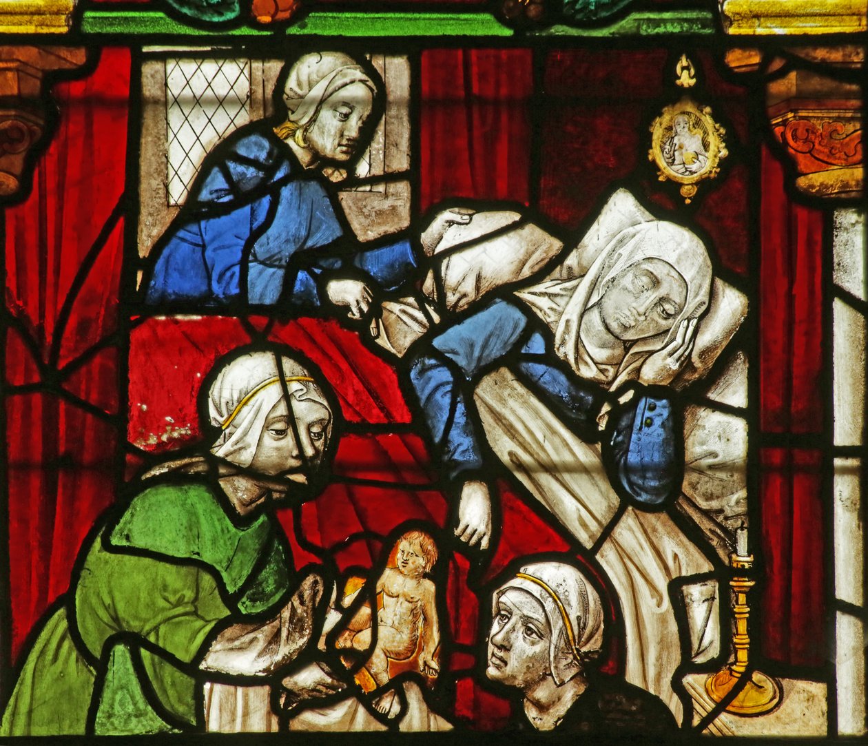 Raam met afbeelding van de Geboorte van de Maagd Maria door French School