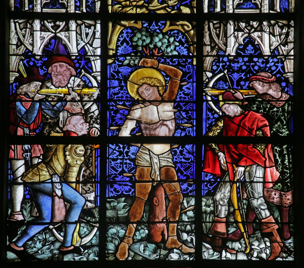 Raam met afbeelding van het martelaarschap van Sint Sebastiaan door French School