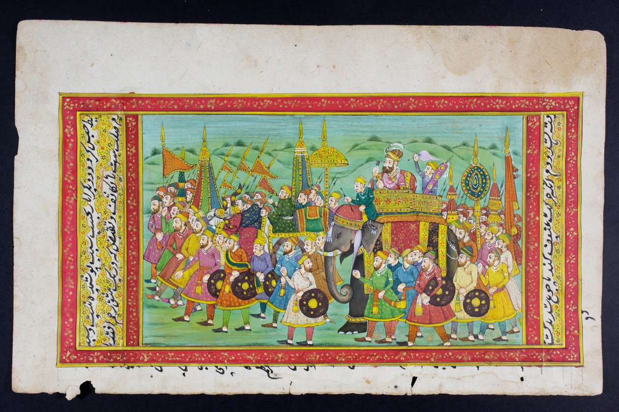 Een hoogwaardigheidsbekleder rijdt op de rug van een olifant in een howdah, begeleid door een mahout of olifantendrijver, Rajasthani miniatuurschilderij door Indian School