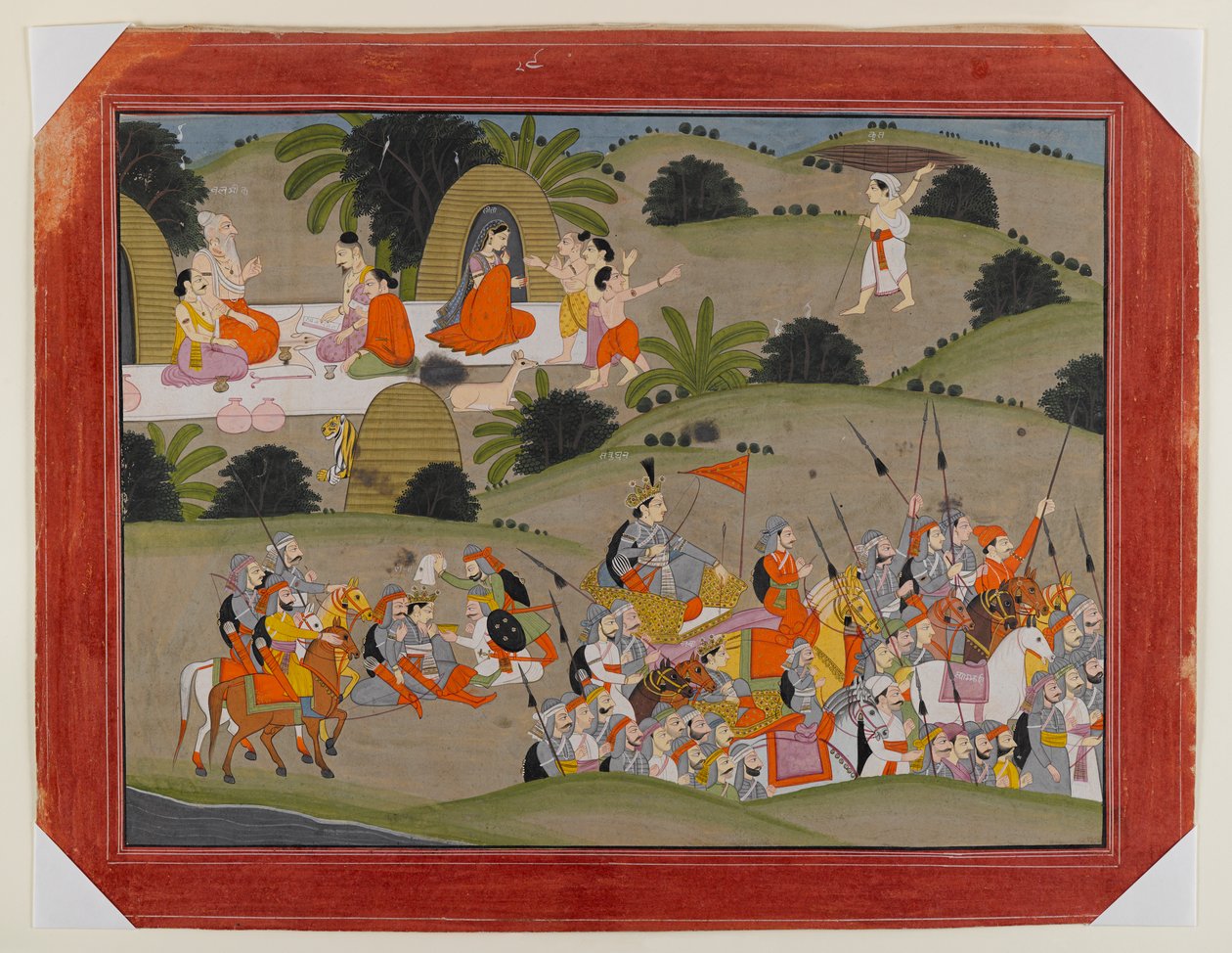 Slag tussen Lava en Ramas broer, Shatrughna, nabij de hermitage van Valmiki, Pagina uit een Verspreide Ramayana Serie, ca. 1820 door Indian School