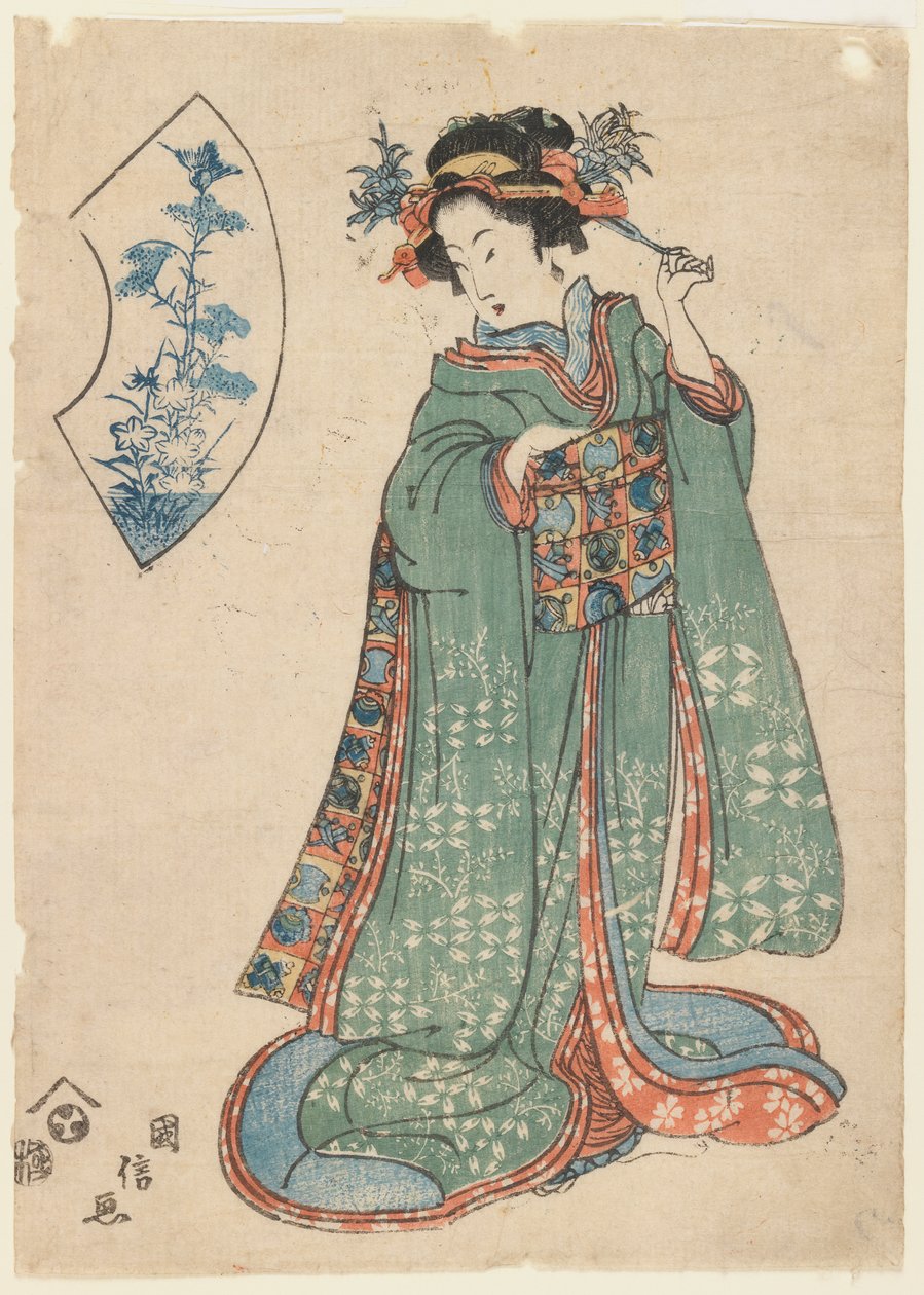 Kuninobu, Een Vrouw die Haar Haarornament Vastmaakt, c.1815-1820 door Japanese School