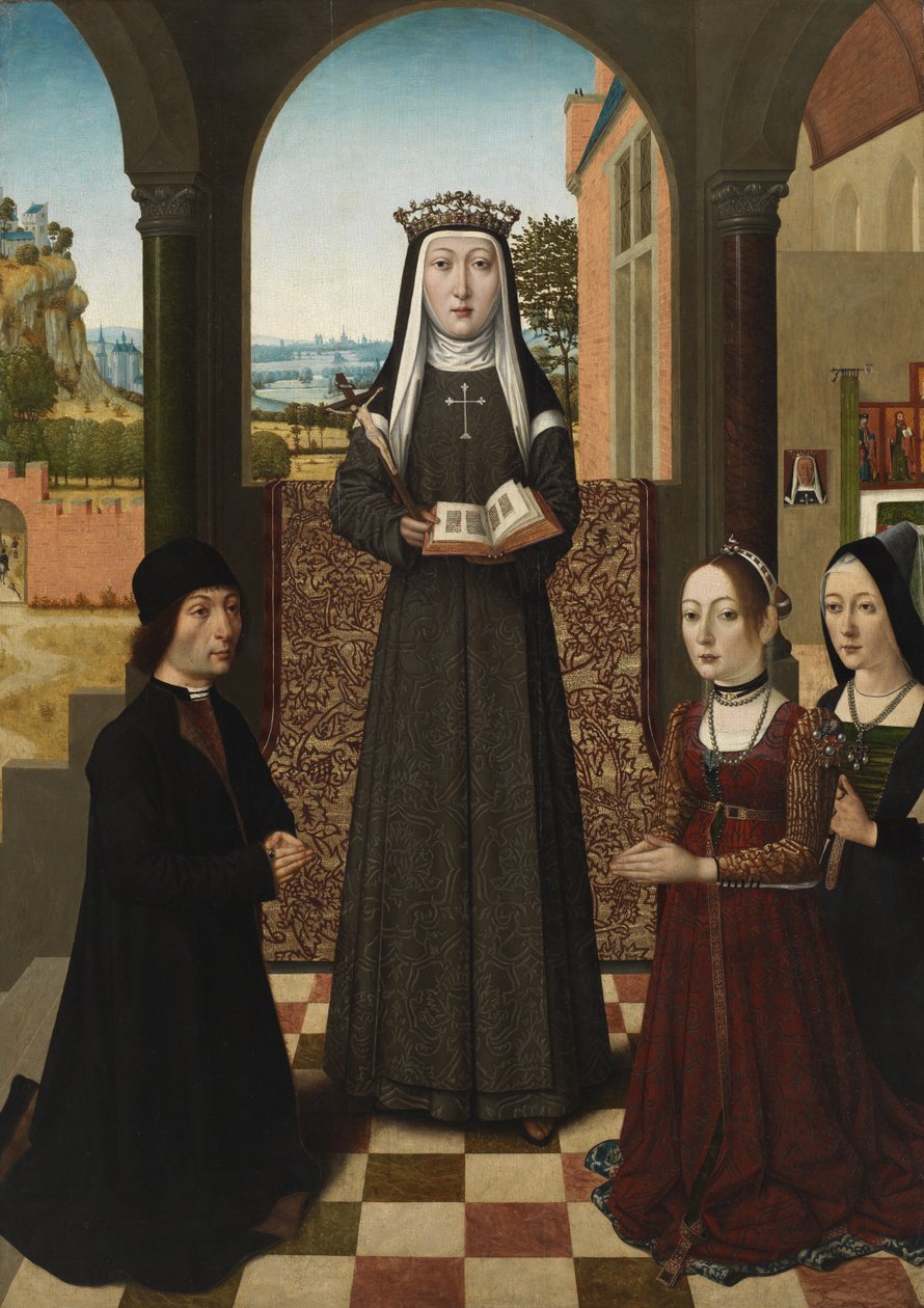 St. Catharina van Bologna met drie schenkers, ca. 1470-80 door Master of the Baroncelli Portraits