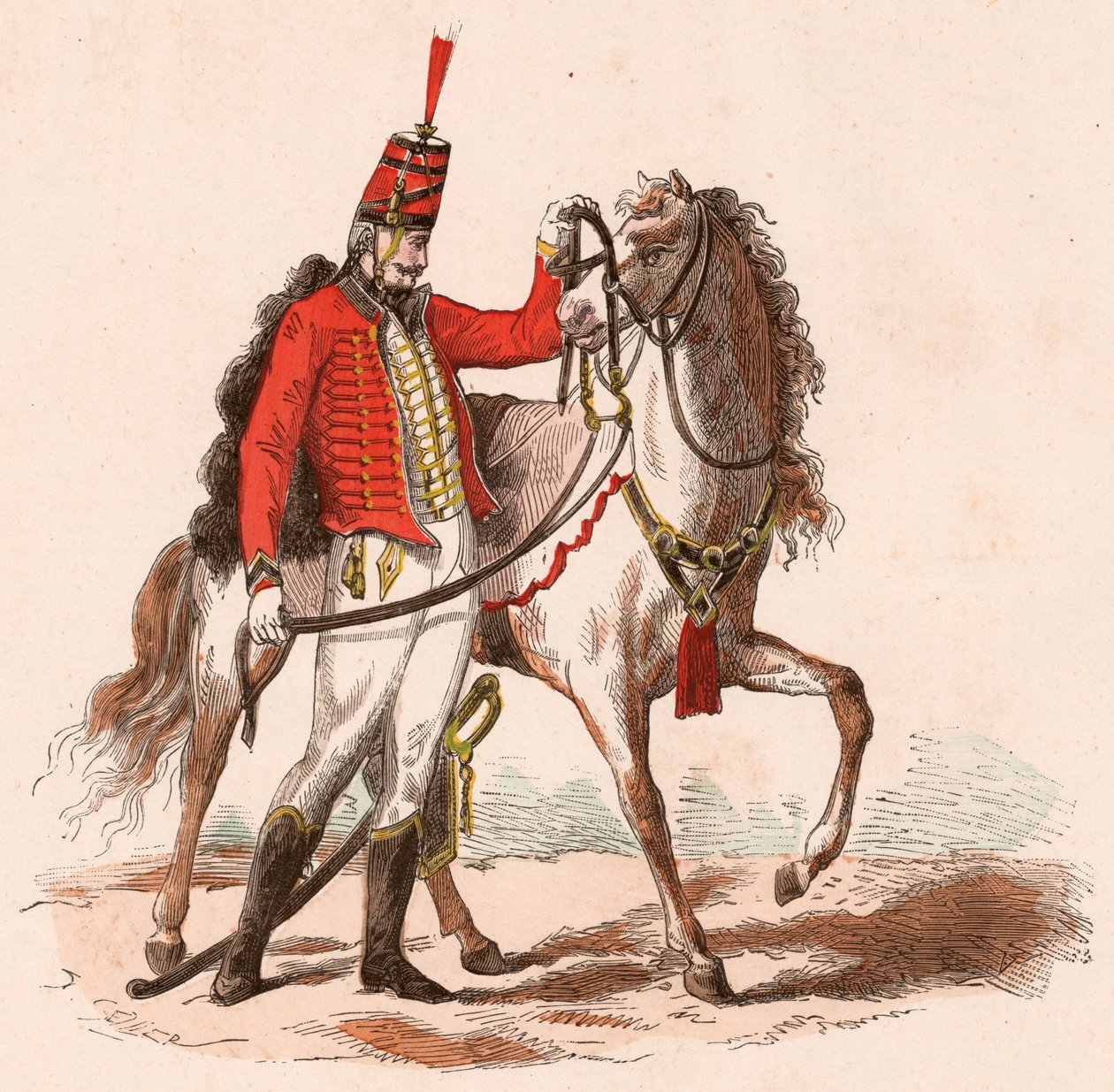 Een Franse huzaar in zijn uniform naast zijn paard door Unknown