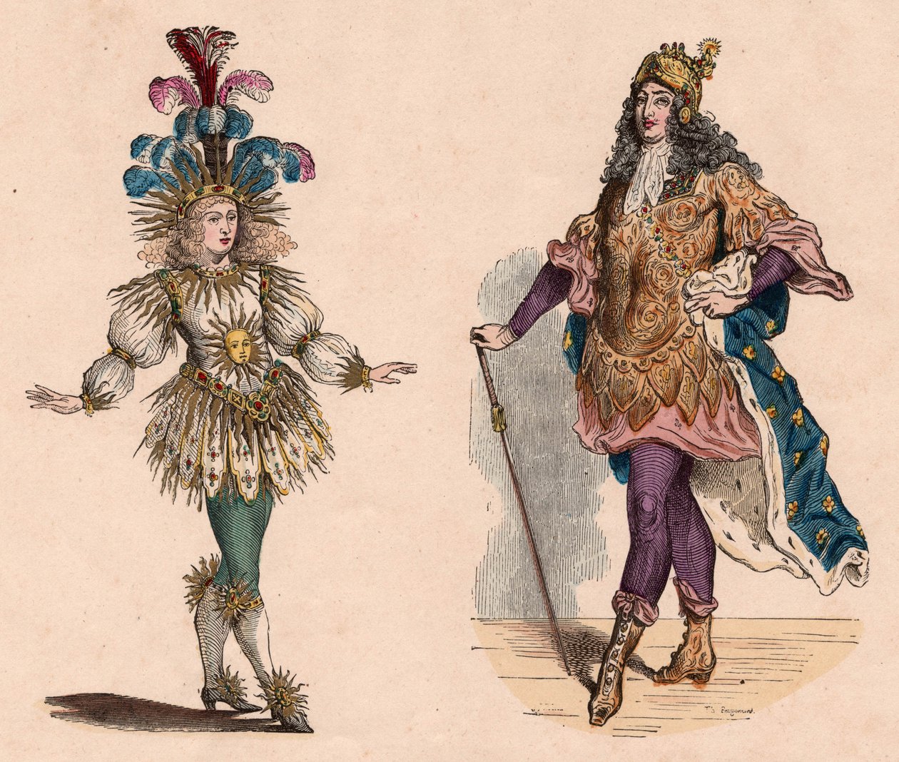 Twee gezichten van Lodewijk XIV in kostuums: een voor het theater met struisvogelveren, een voor het carrousel, met harnas en cape met lelies door Unknown