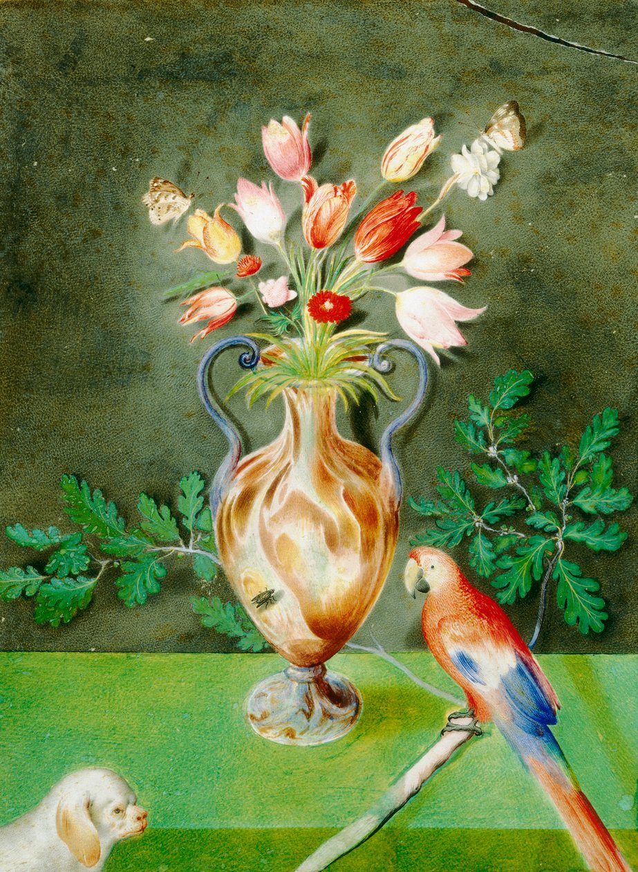 Vaas met bloemen, papegaai en schoothondje, ca. 1600-25 door Unknown
