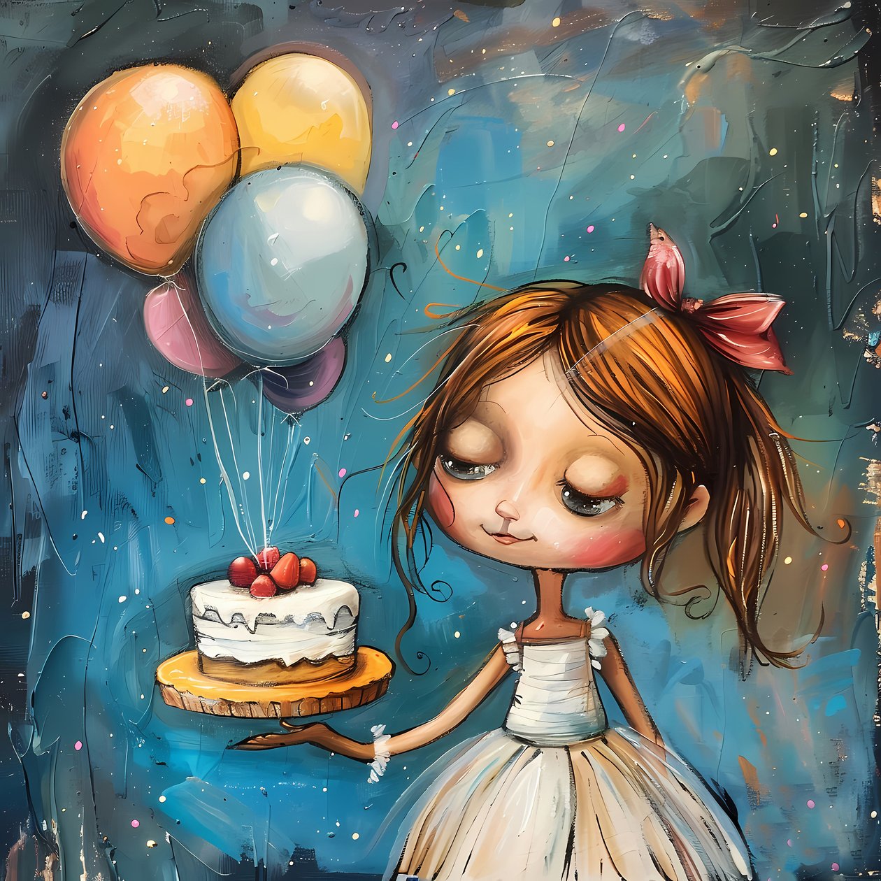 Een meisje met verjaardagstaart en ballonnen, ingelijste canvas prints door F. Abderrahim