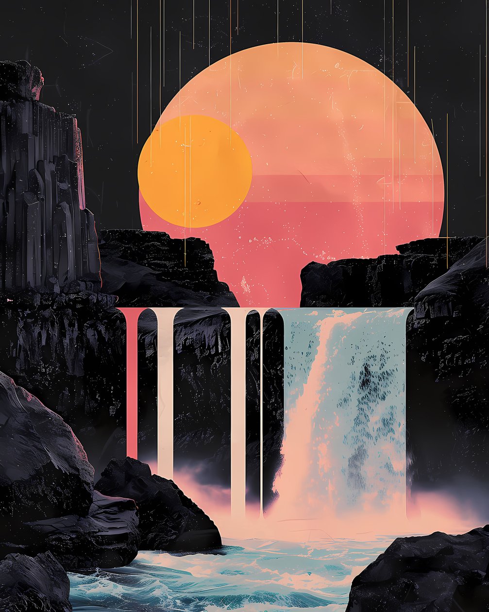 Minimalistische waterval in rode zonsondergang door F. Abderrahim