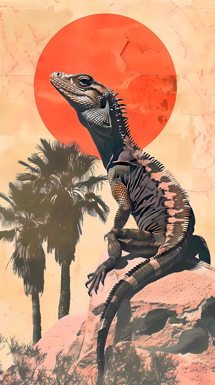 Een hagedis die zonnebaadt op een rots met een palm op de achtergrond, canvas kunstafdrukken door F. Abderrahim