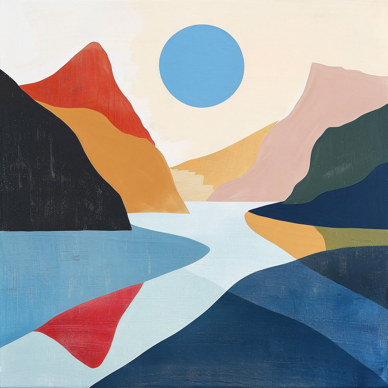 Uitzicht op het meer abstract landschap geometrische vormen minimalistisch voor muurdecoratie door F. Abderrahim