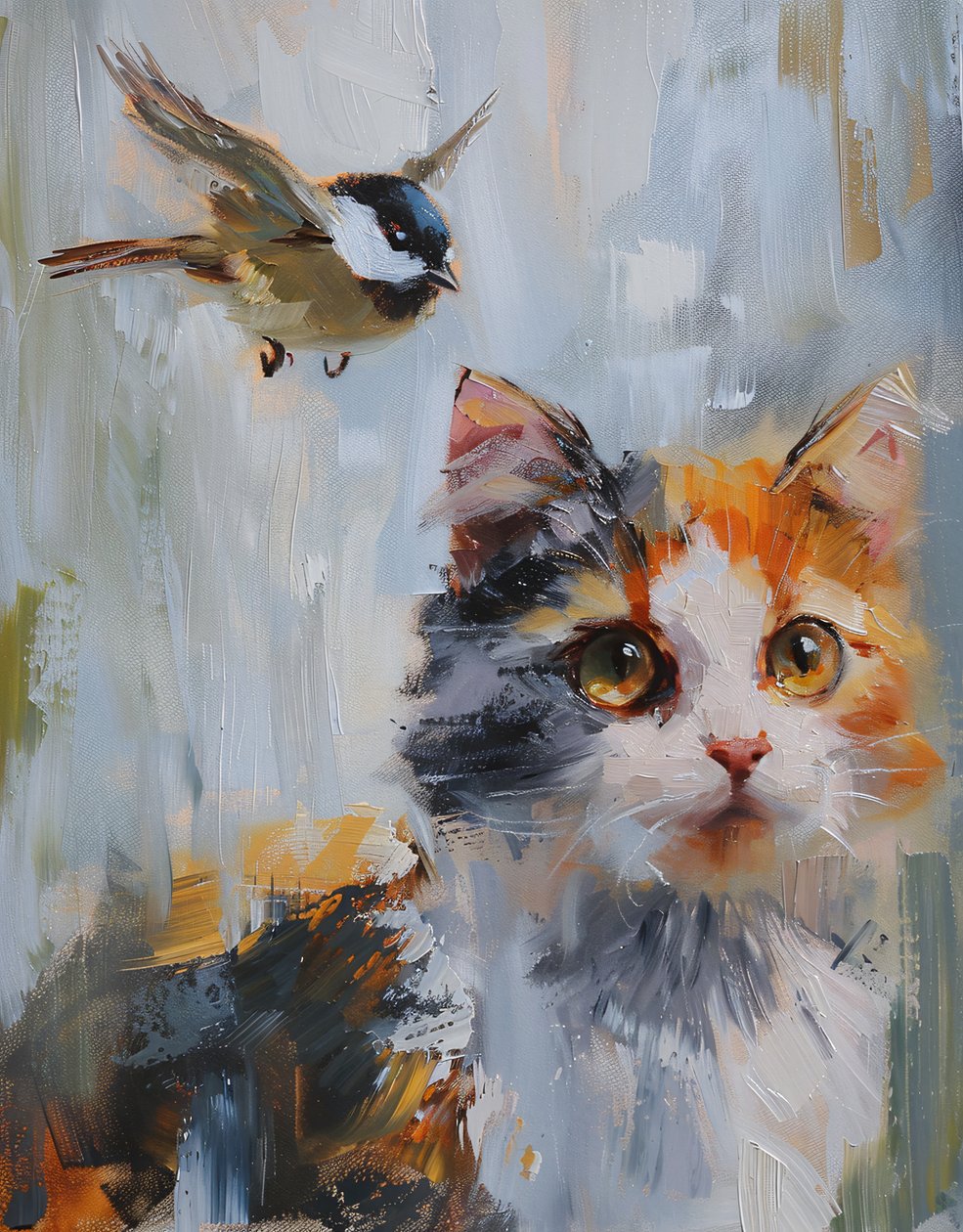 Abstract olieverfschilderij: oranje & grijze calico kat & vogel wandkunstdrukken door F. Abderrahim