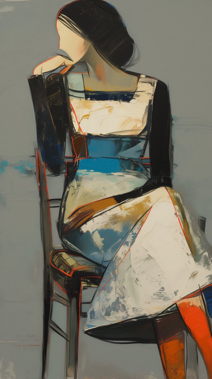 Abstract schilderij: een vrouw in een jurk zittend voor canvas en posterdrukken door F. Abderrahim