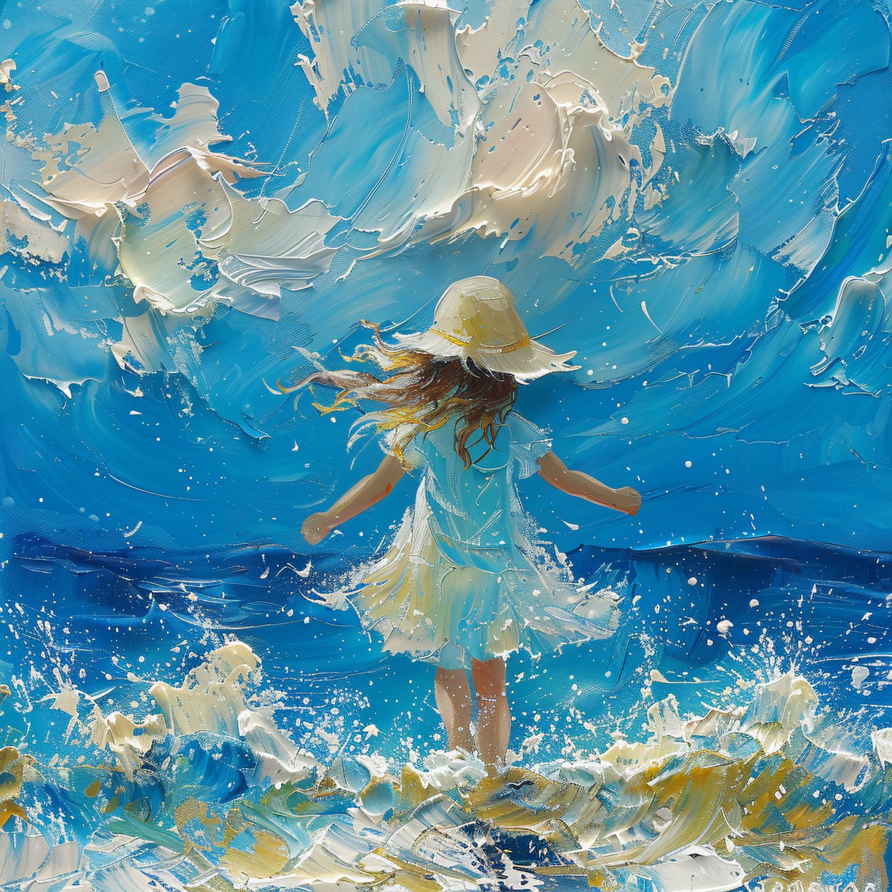 Abstract schilderij: schattig klein meisje voor een zeebries voor canvasdrukken door F. Abderrahim