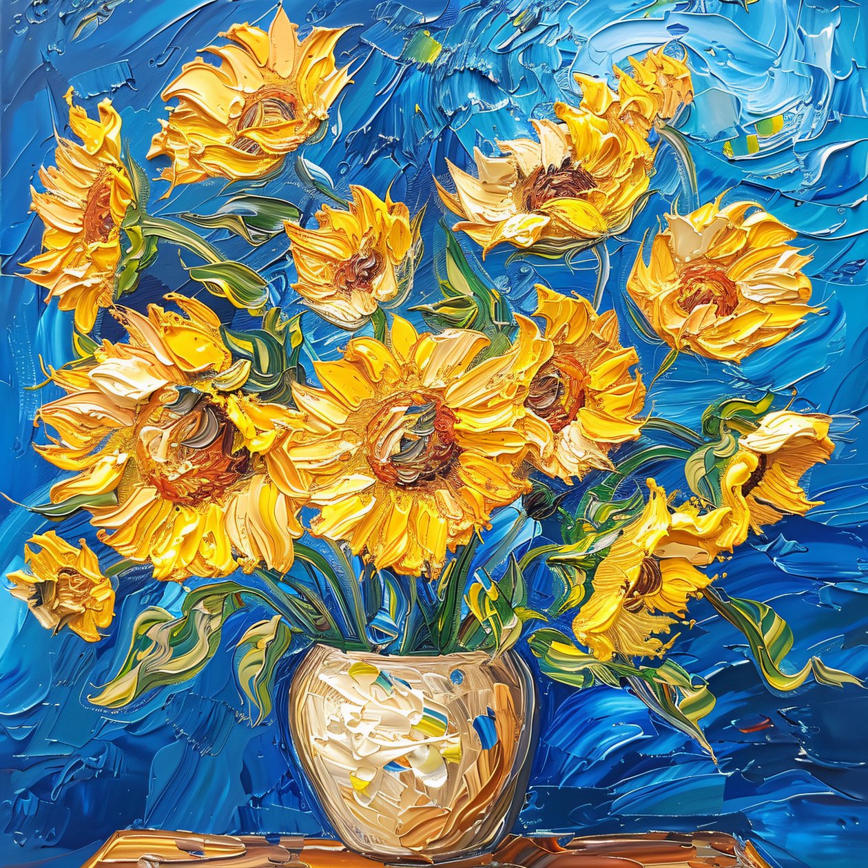 Acryl schilderij: heldere kleuren zonnebloemen Van Gogh stijl wandkunstdrukken door F. Abderrahim