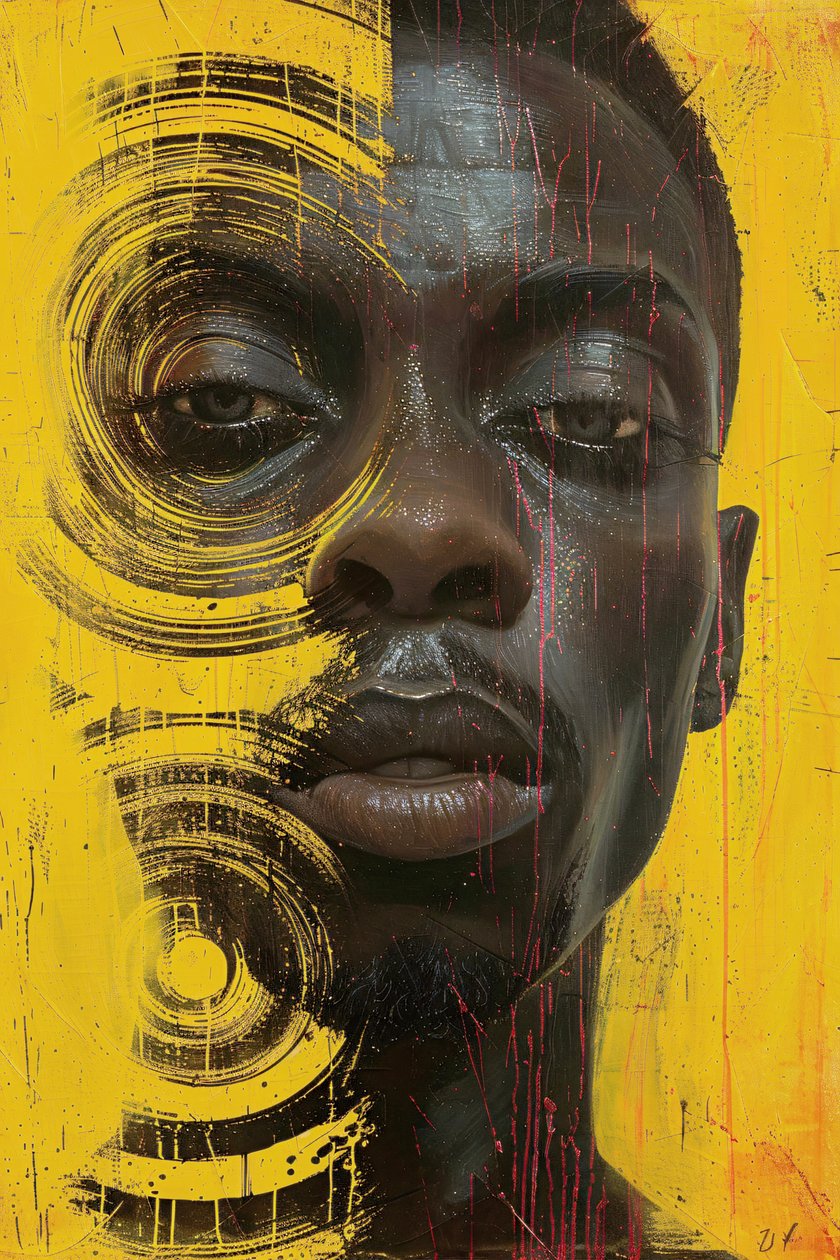 Minimalistisch abstract sci-fi gritty surrealisme zwart mannengezicht door F. Abderrahim