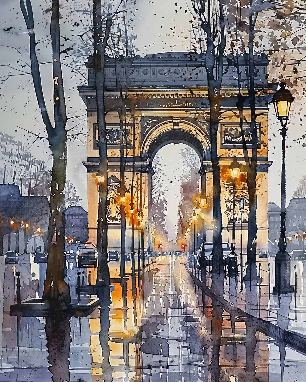 Aquarel schilderij: Champs Elysées Parijs Frankrijk in de winter door F. Abderrahim