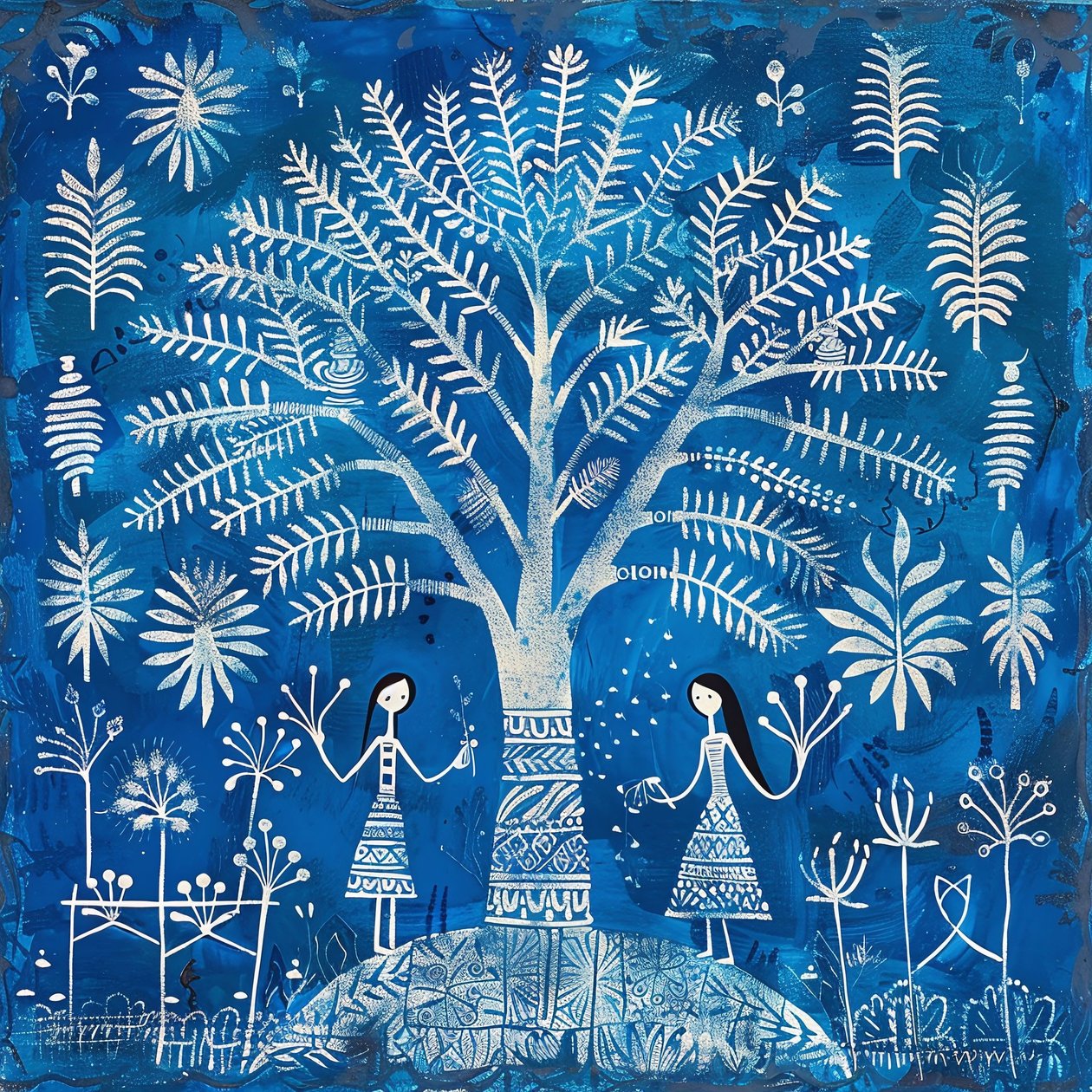 Schilderij met naïef patroon: vrouwen onder een boom in blauw door F. Abderrahim