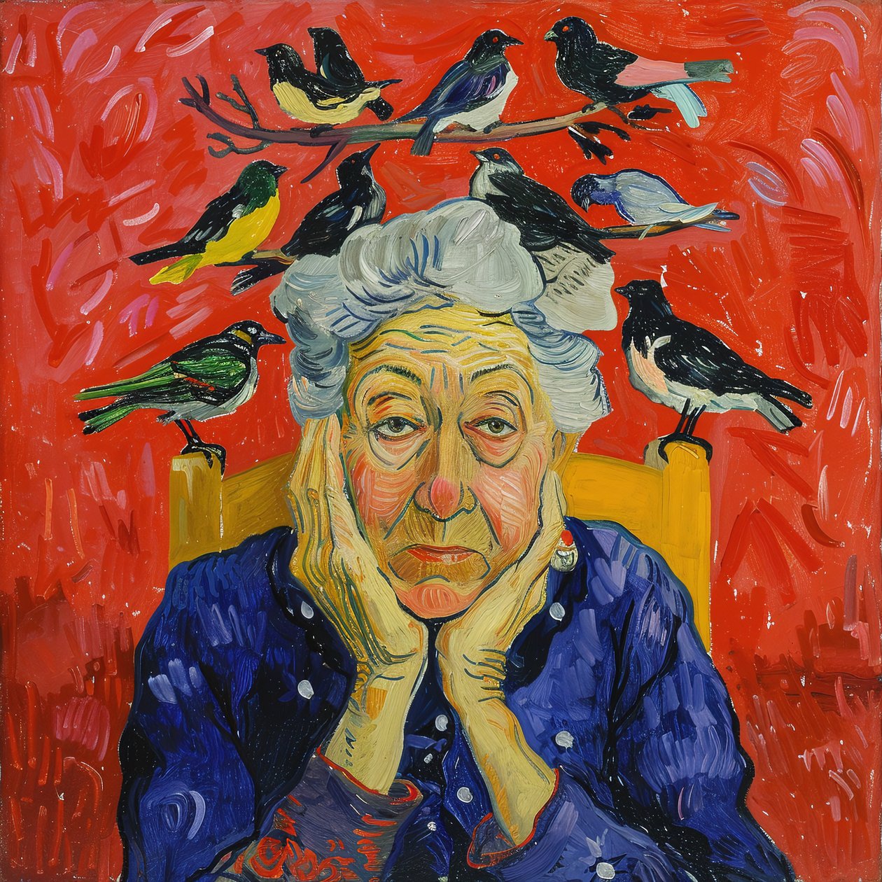 Vrouw met vogels op haar hoofd: Matisse stijl schilderij door F. Abderrahim