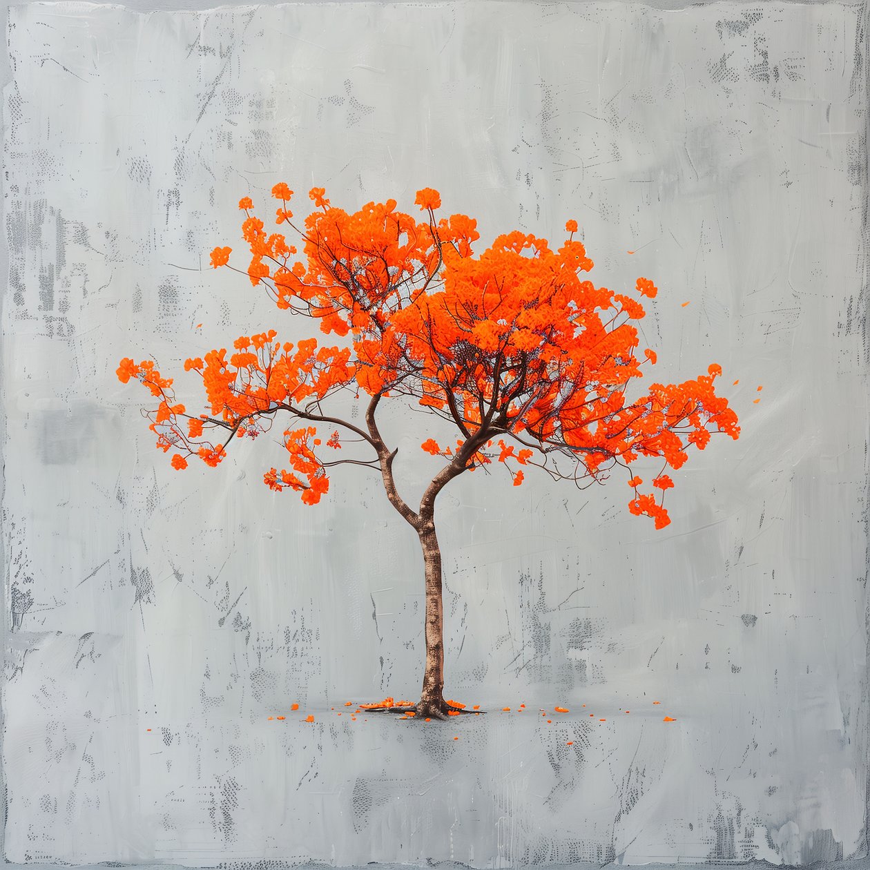 Minimalistisch schilderij: Oranje blad & grijze achtergrond door F. Abderrahim