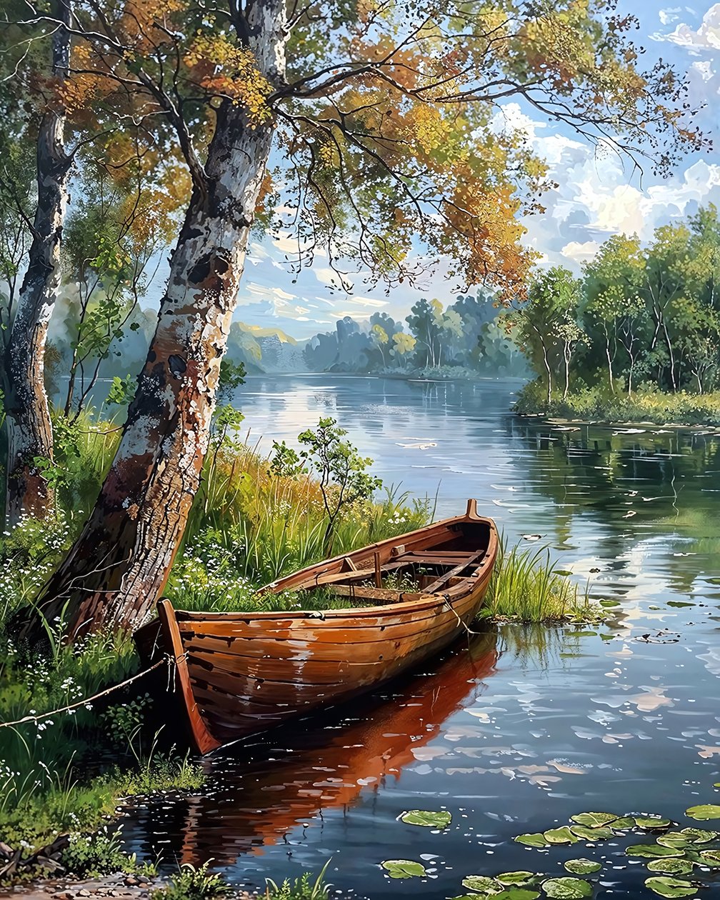 Een felucca in een rustig meer met bomen, wanddecor voor slaapkamer door F. Abderrahim