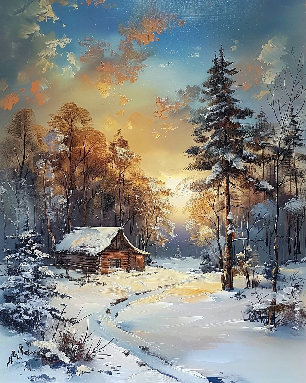 Hut midden in een bos en sneeuw, winterlandschap wanddecoratie door F. Abderrahim