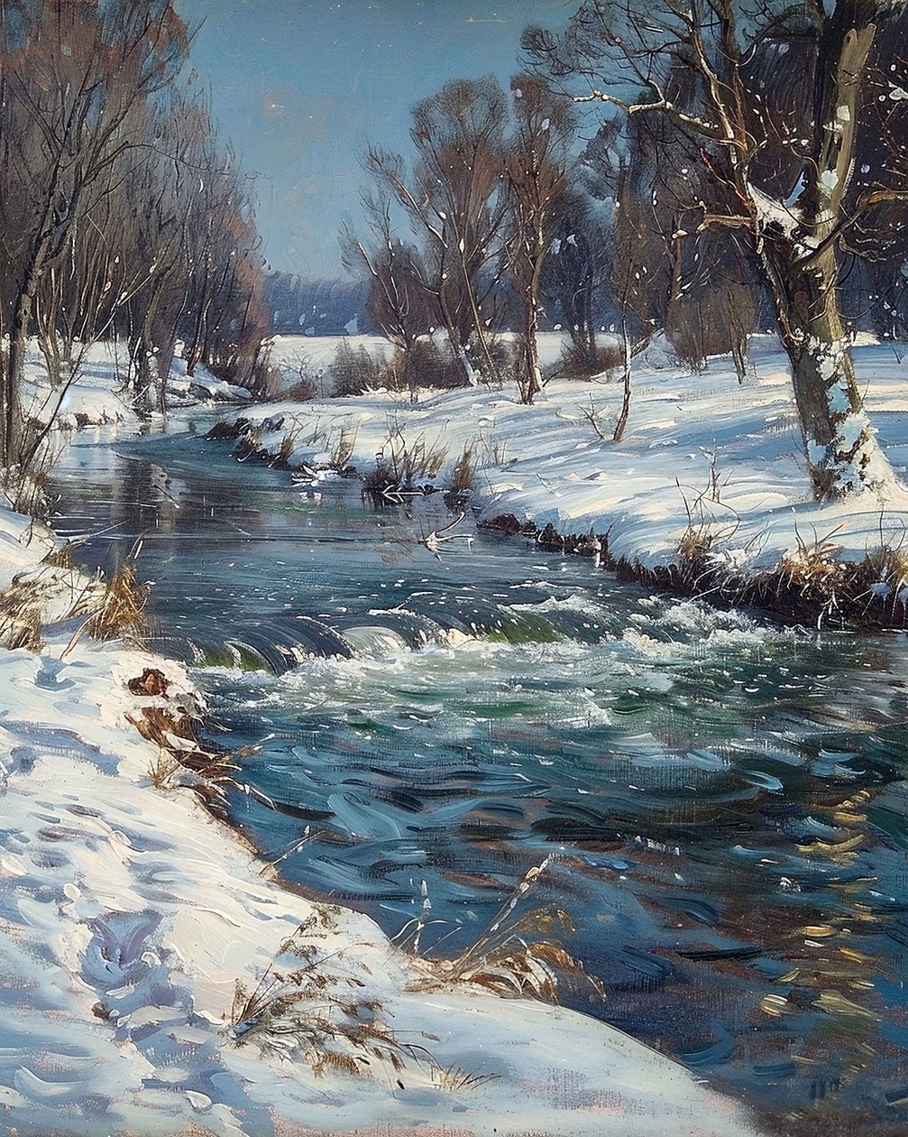 Landschap van een beek in de winter en sneeuw, muurdecoratie-ideeën door F. Abderrahim