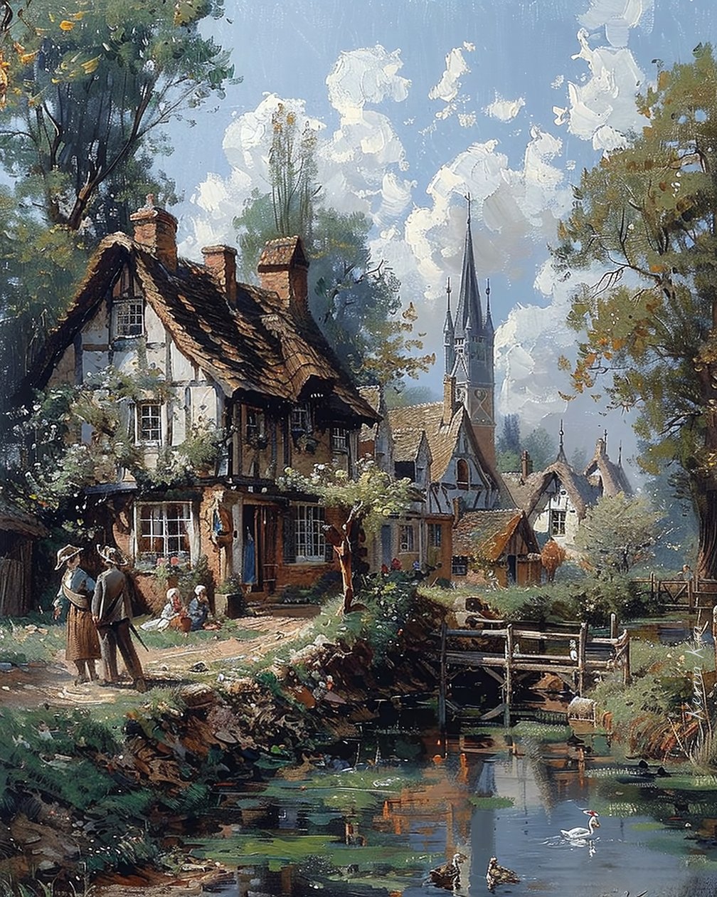 Tekening van een dorp en houten huizen uit de Middeleeuwen door F. Abderrahim