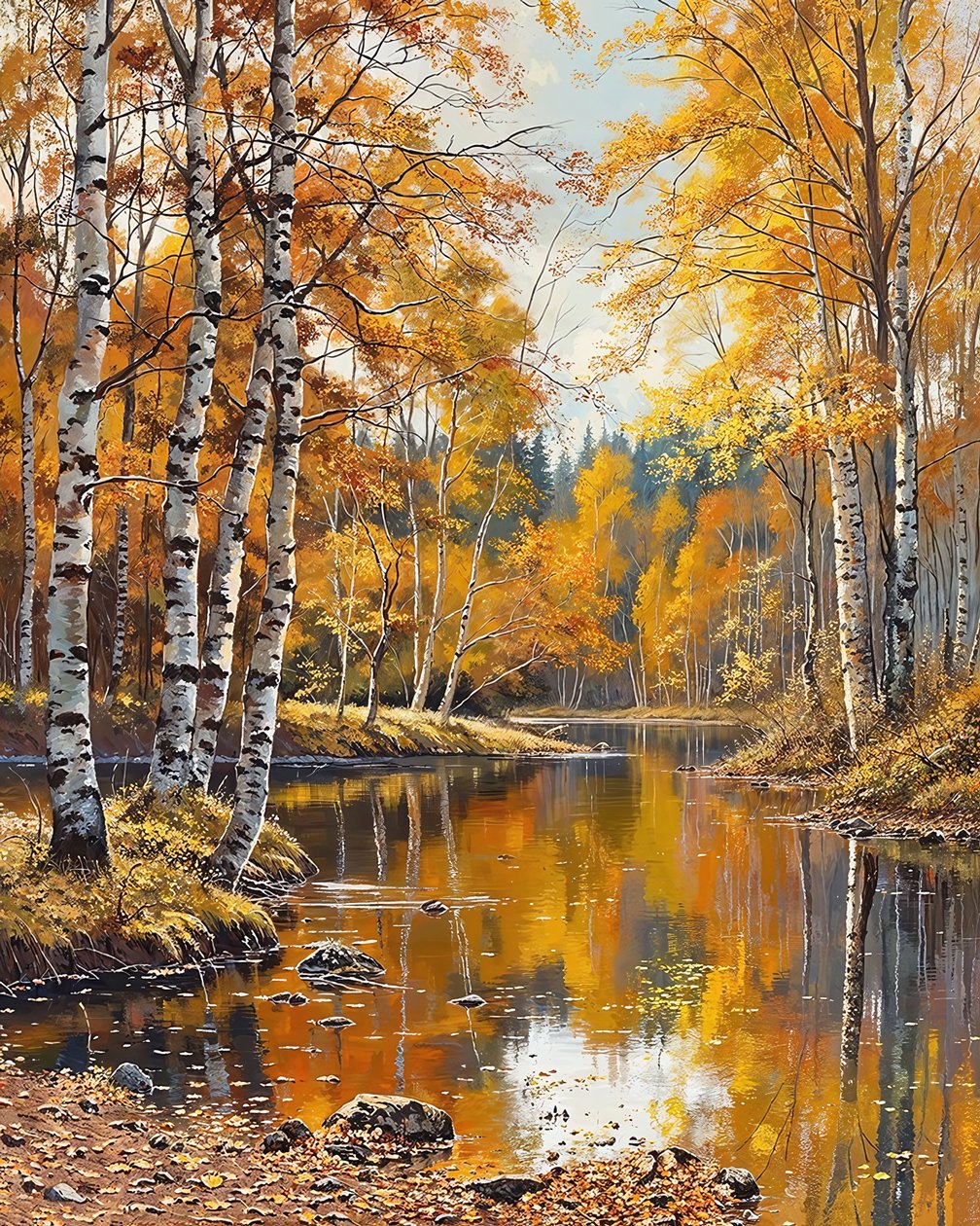 Landschap en berken met kristalhelder water, online kunstdrukken door F. Abderrahim