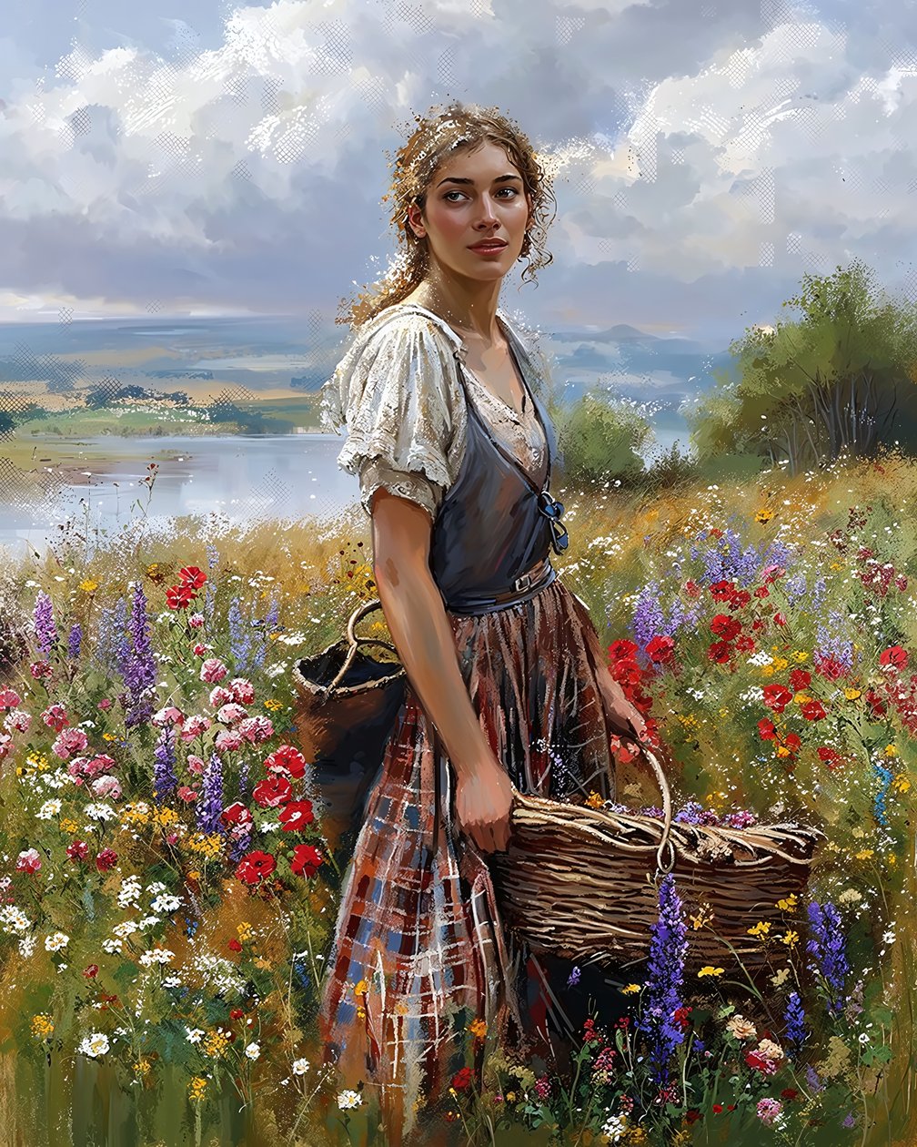 Een mooie boerin oogst vruchten in de lente, online kunstdruk door F. Abderrahim