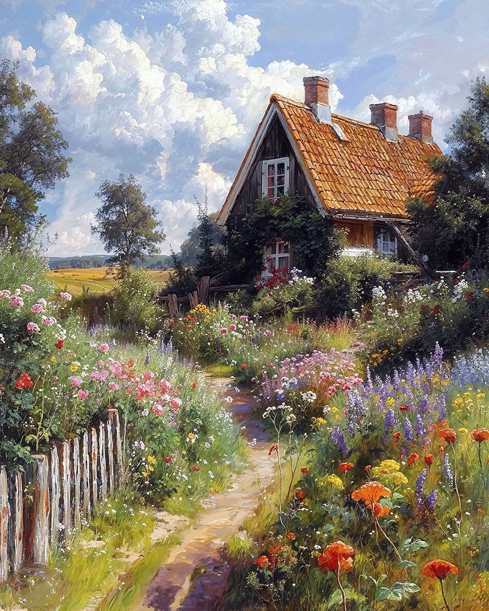 Mooi huis, bloementuin, botanisch landschap, canvas prints door F. Abderrahim