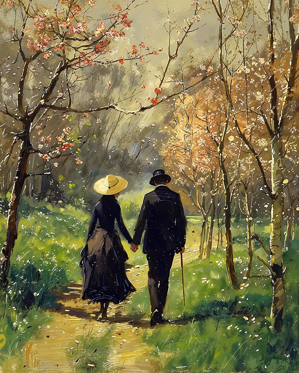 Een verliefde man en een mooie vrouw lopen midden in een bos door F. Abderrahim