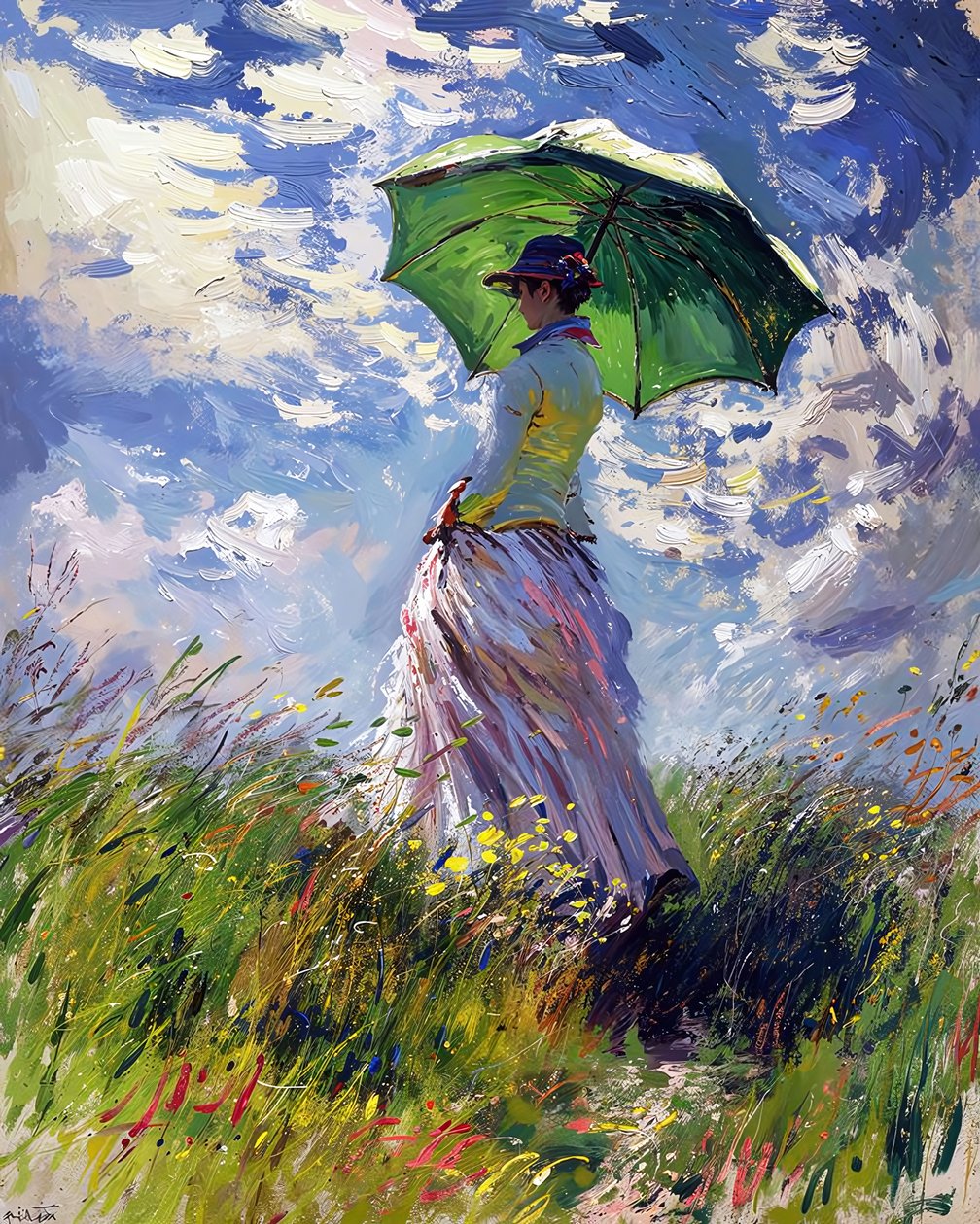Vrouw in jurk met paraplu op groene heuvel in de lente door F. Abderrahim