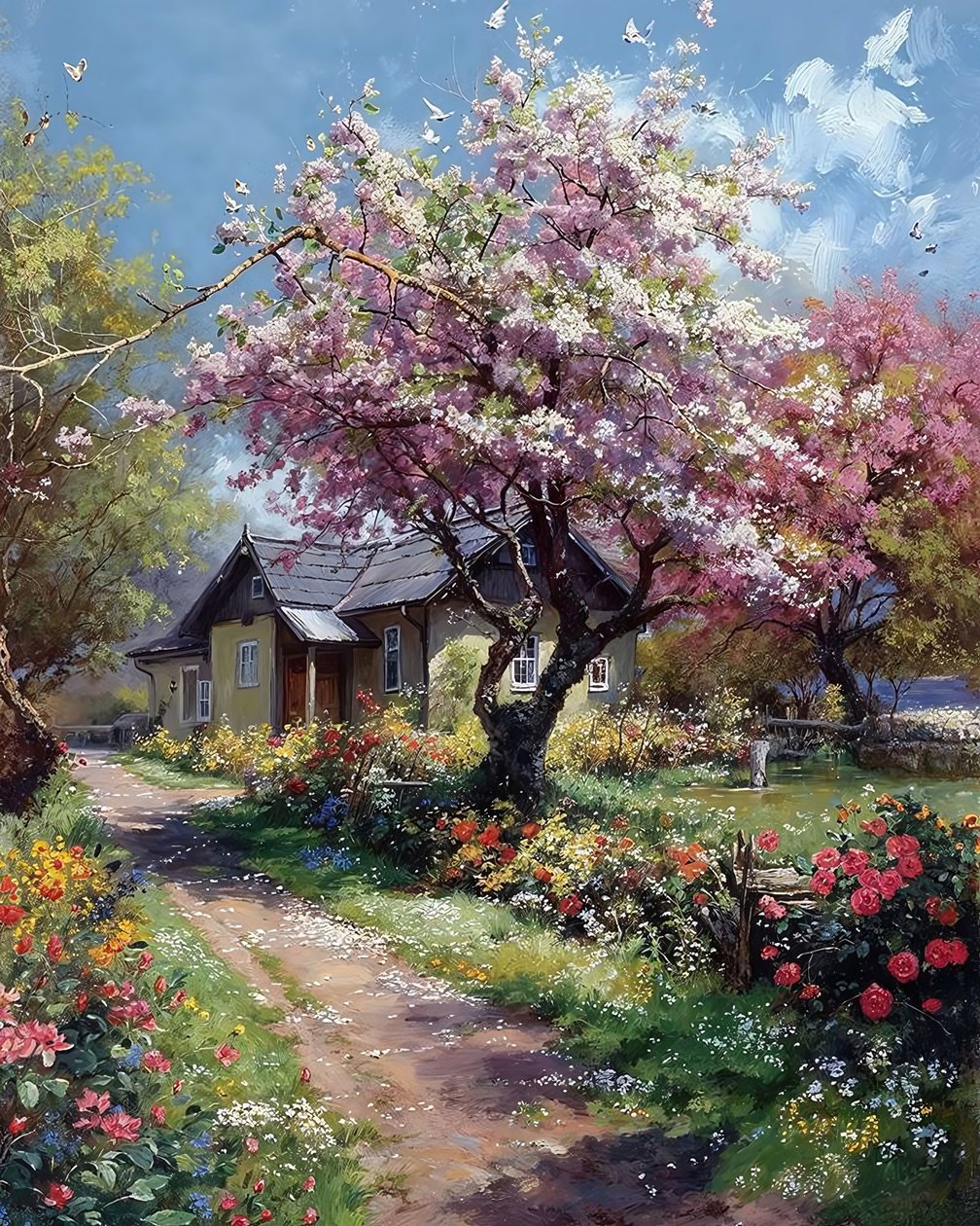 een landhuistuin in de lente, rozen en bloemen, Muurdecoratie te koop door F. Abderrahim