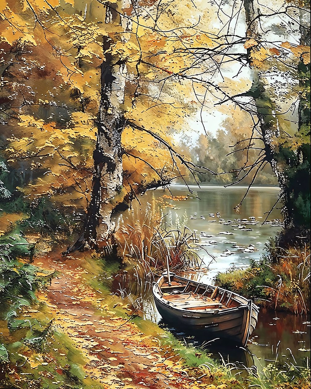 Een houten boot in het midden van een betoverd meer, Muurdecoratie te koop door F. Abderrahim