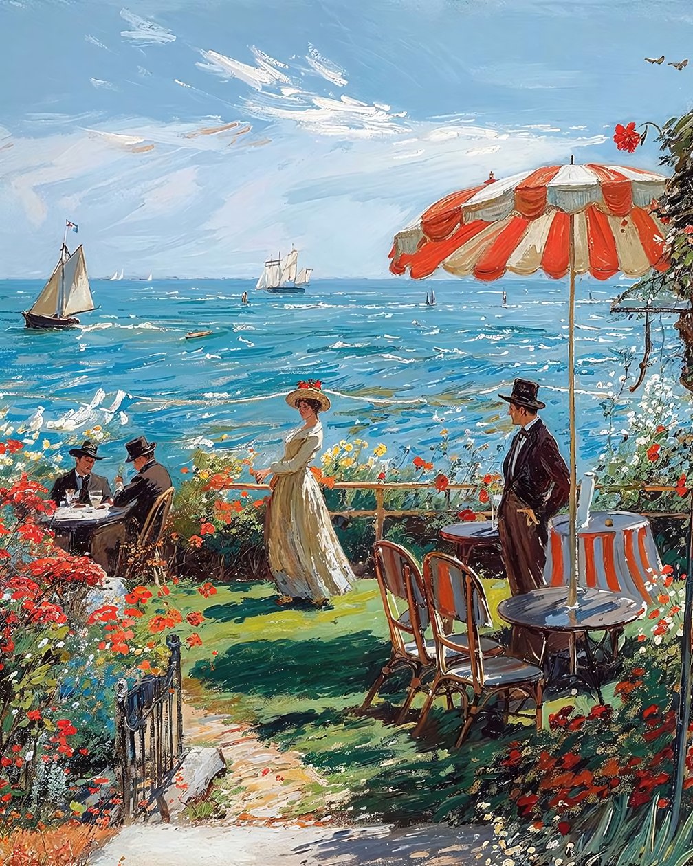 Café met uitzicht op zee, tekening uit de jaren 1920, online canvas prints door F. Abderrahim