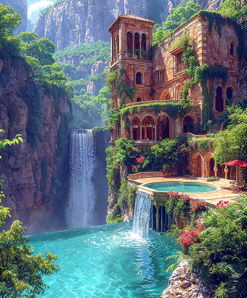 Watervallen in een surrealistische stad, ter illustratie van de beschaving van Atlantis door F. Abderrahim