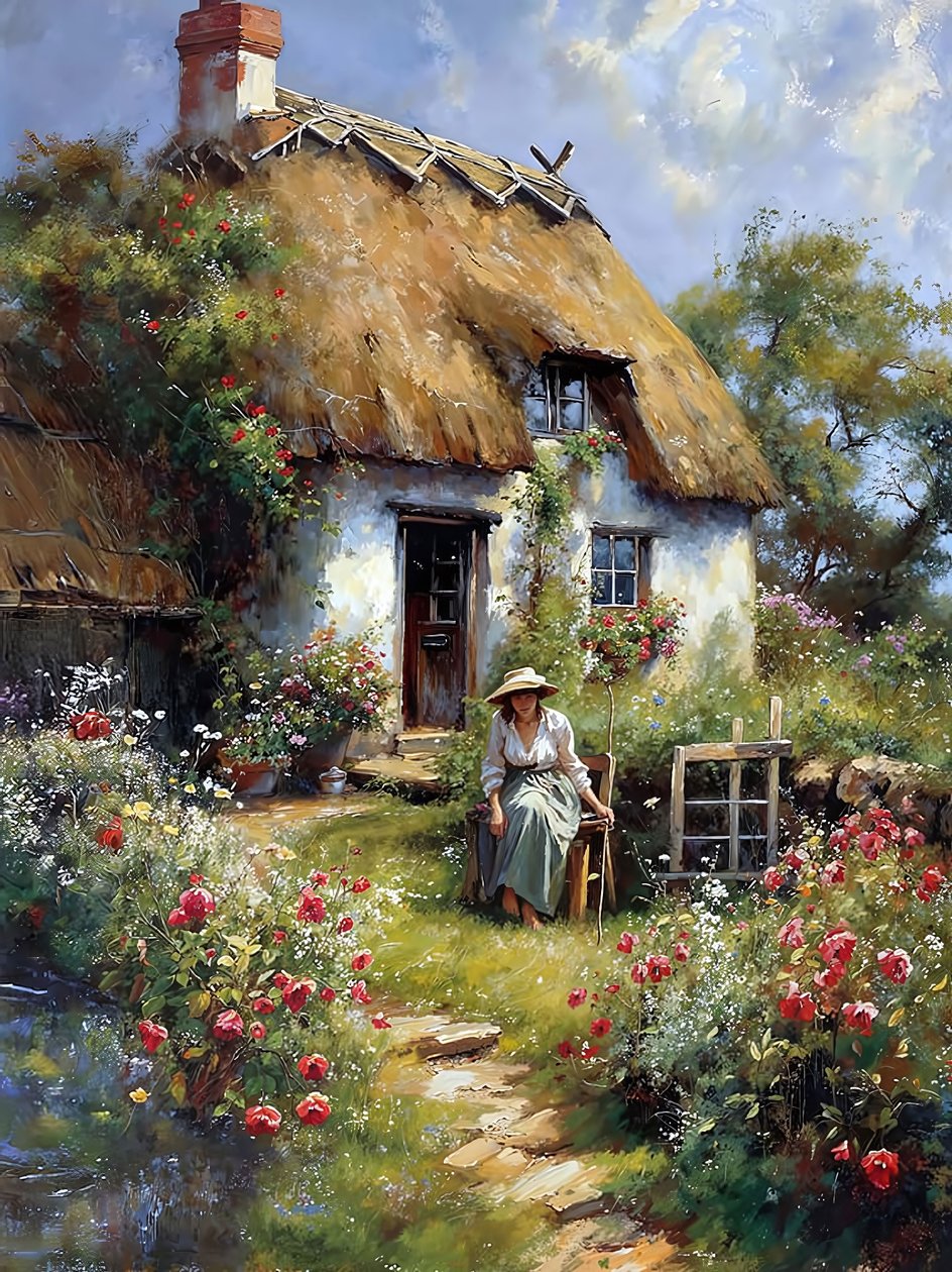 Een vrouw zit in een tuin voor een hut op het platteland door F. Abderrahim