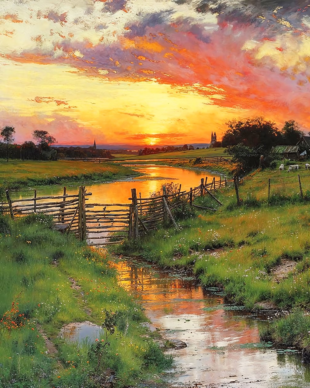Zonsondergang over een kronkelende beek op het platteland, online kunstdrukken door F. Abderrahim
