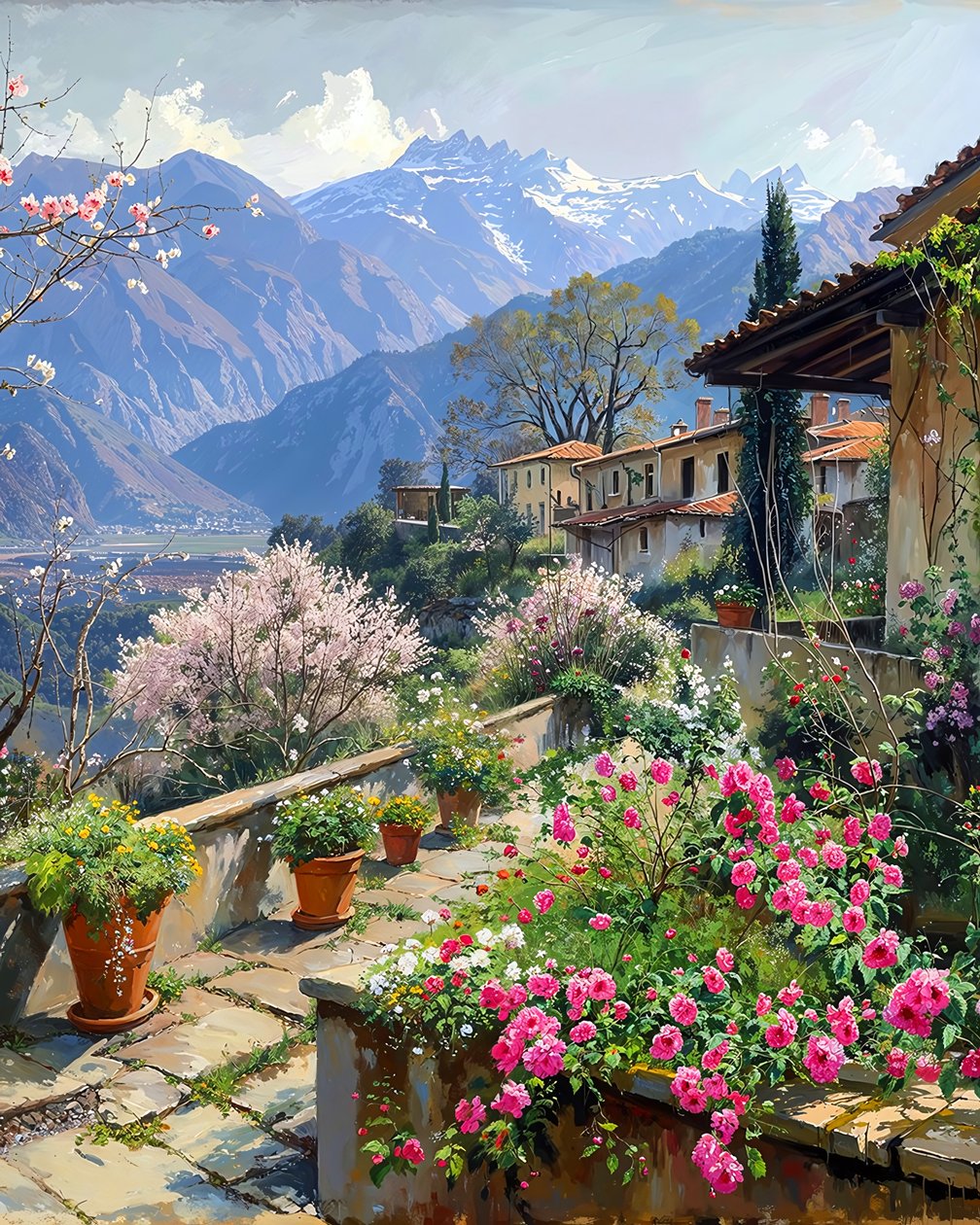 Een prachtig dorp omringd door lentebloemen in een berglandschap door F. Abderrahim