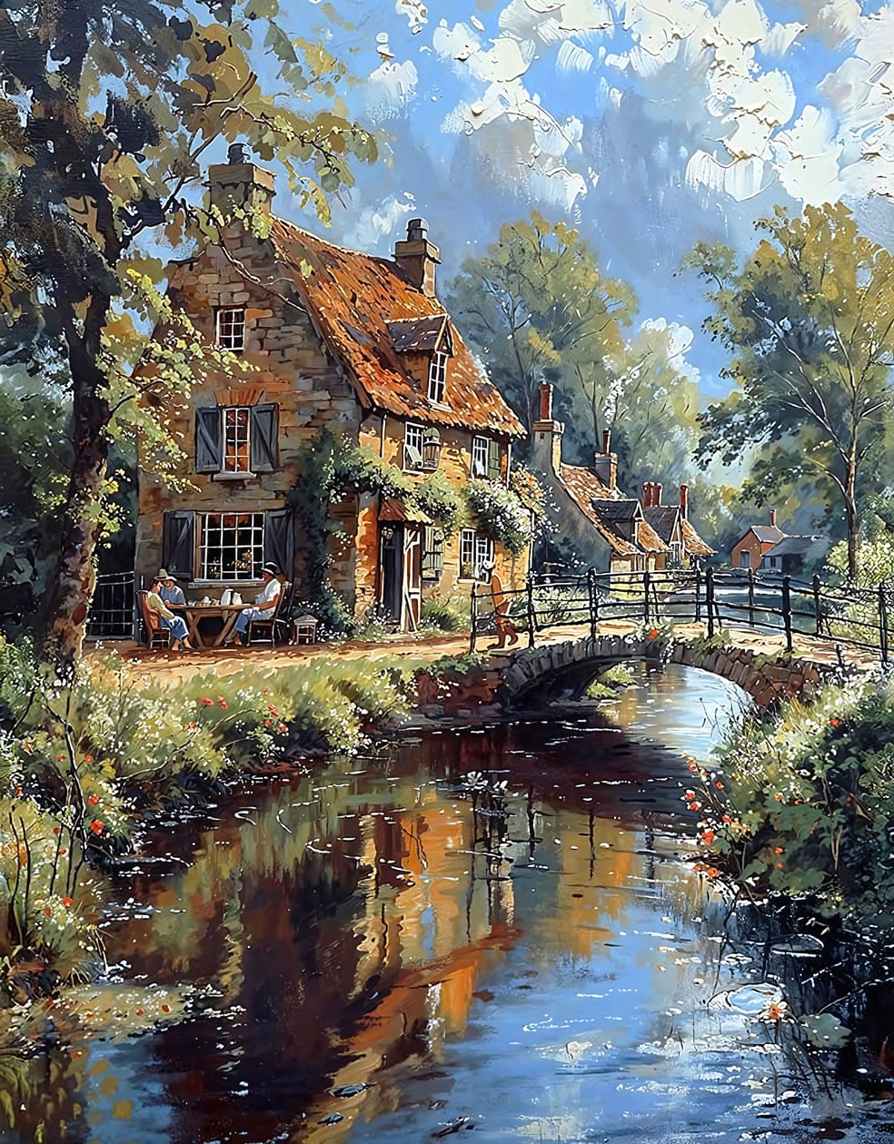 Een oude brug over een beek naast een hut in een Europees landschap door F. Abderrahim
