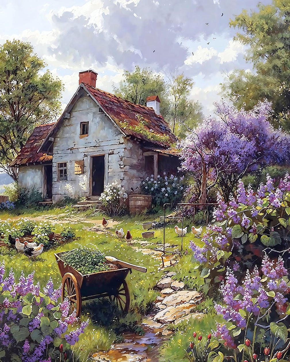 Traditionele boerderij omringd door roze bloemen, online kunst afdrukken door F. Abderrahim