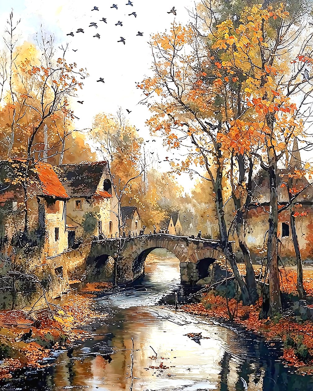 Traditioneel huis en brug over de rivier, muurframe decoratie door F. Abderrahim