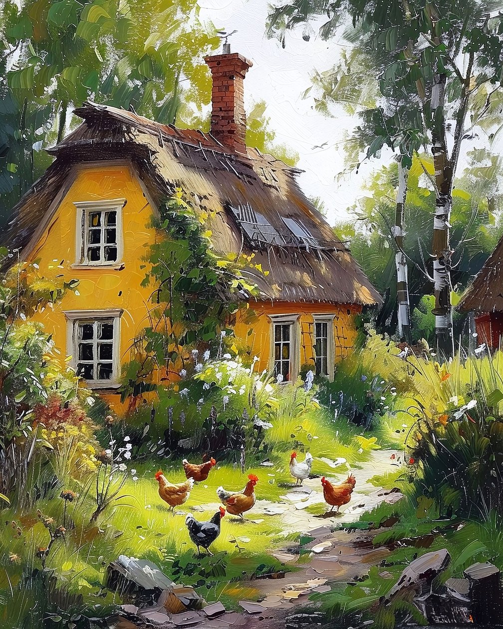 Houten huis op het platteland met bloeiende boomgaarden, online kunstdrukken door F. Abderrahim