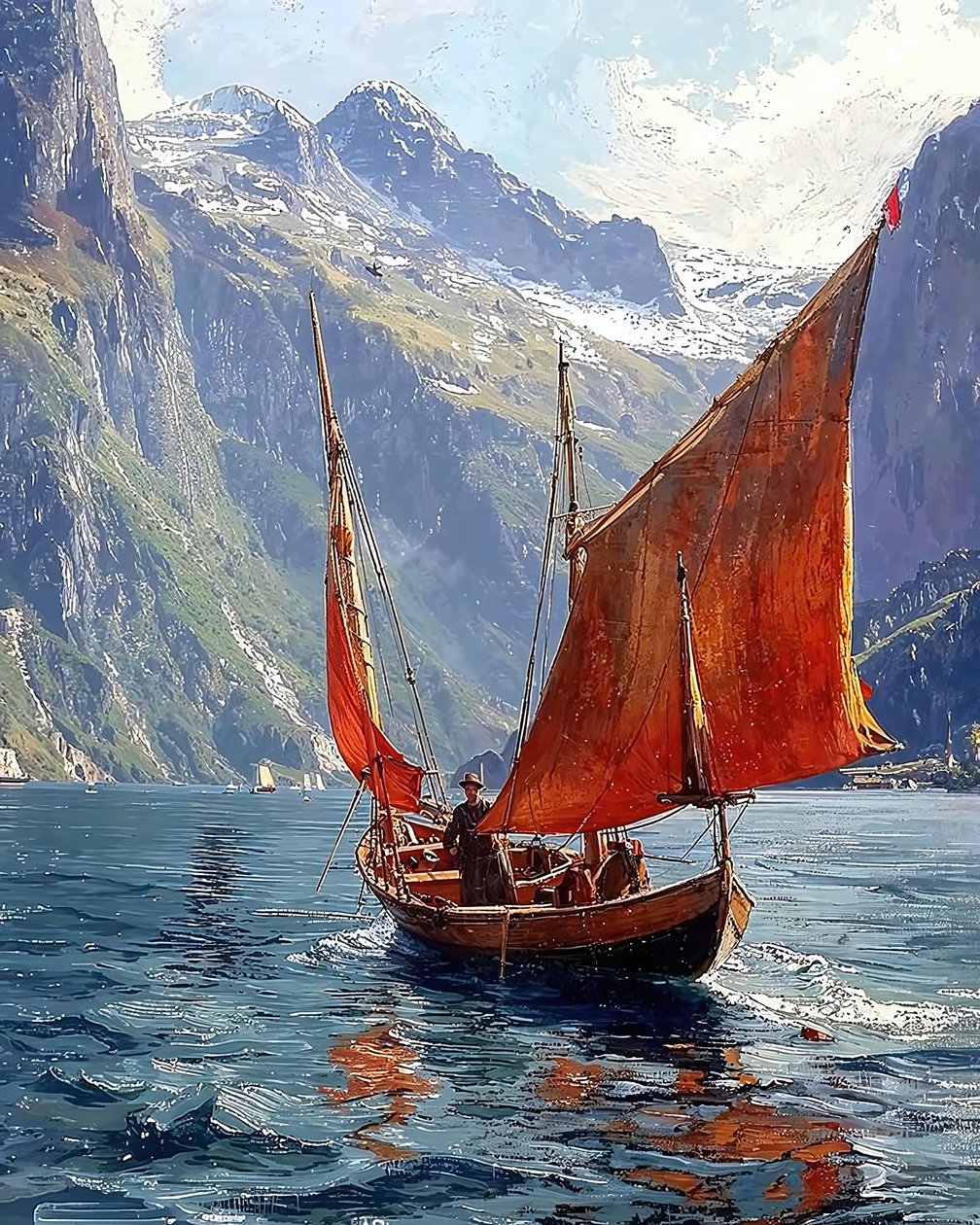 Een zeilboot in een vallei tussen de bergen, Ingelijst wanddecoratie door F. Abderrahim