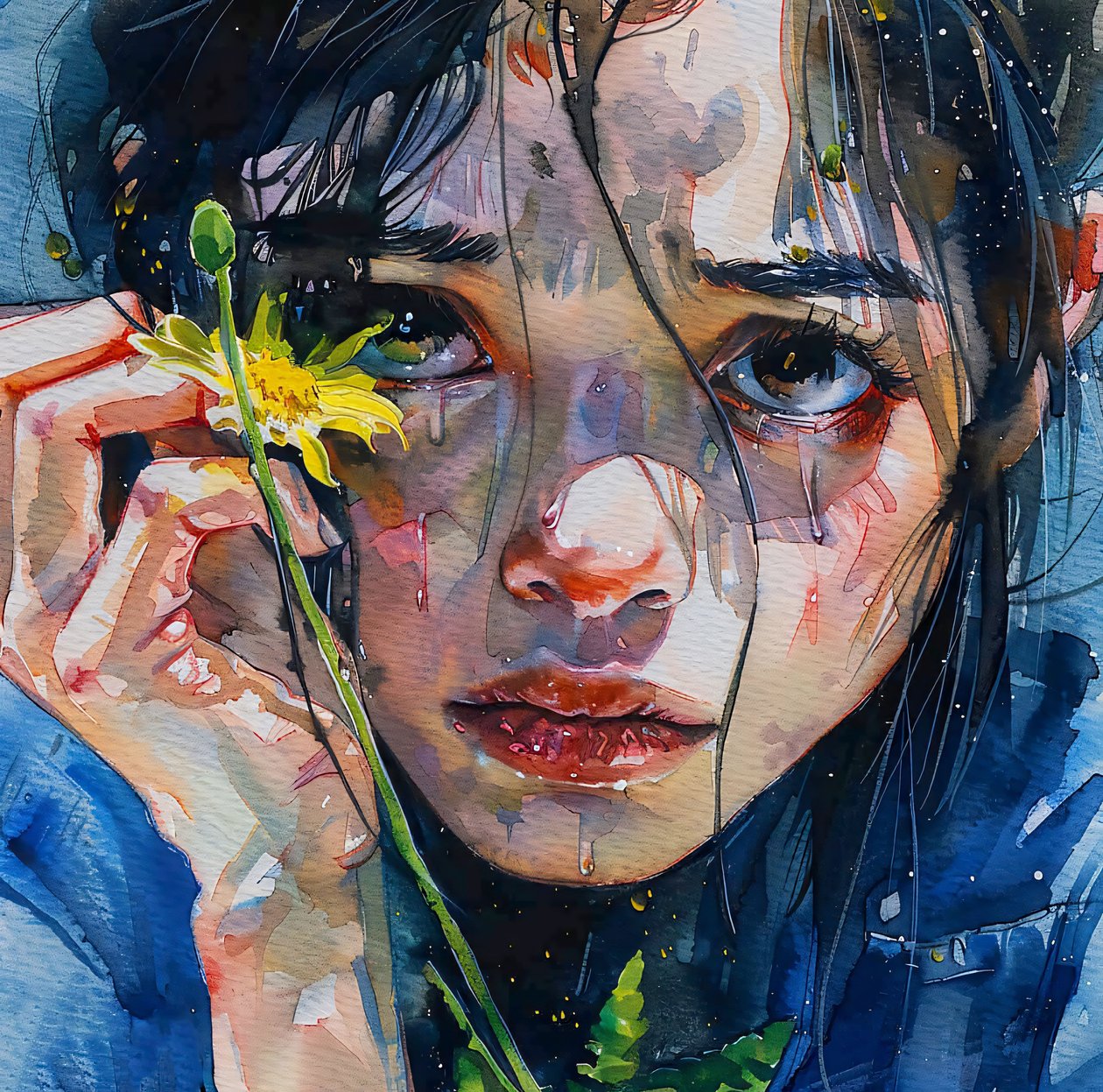 Een meisje streelt een gele bloem, close-up portret, online canvas print door F. Abderrahim
