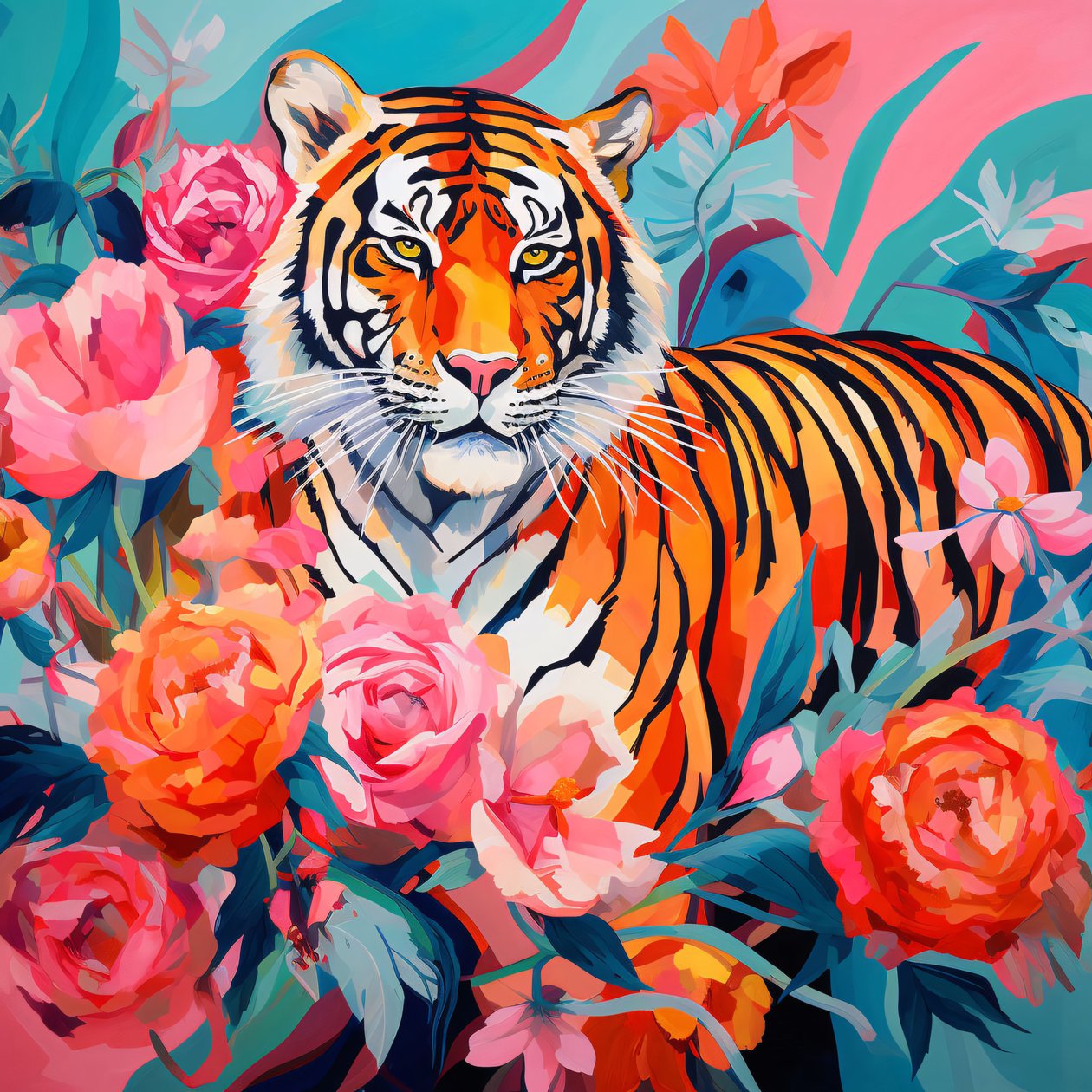 Abstract schilderij Pioenroos  tijger, levendige kleur, muurdecoratie-ideeën door F. Abderrahim